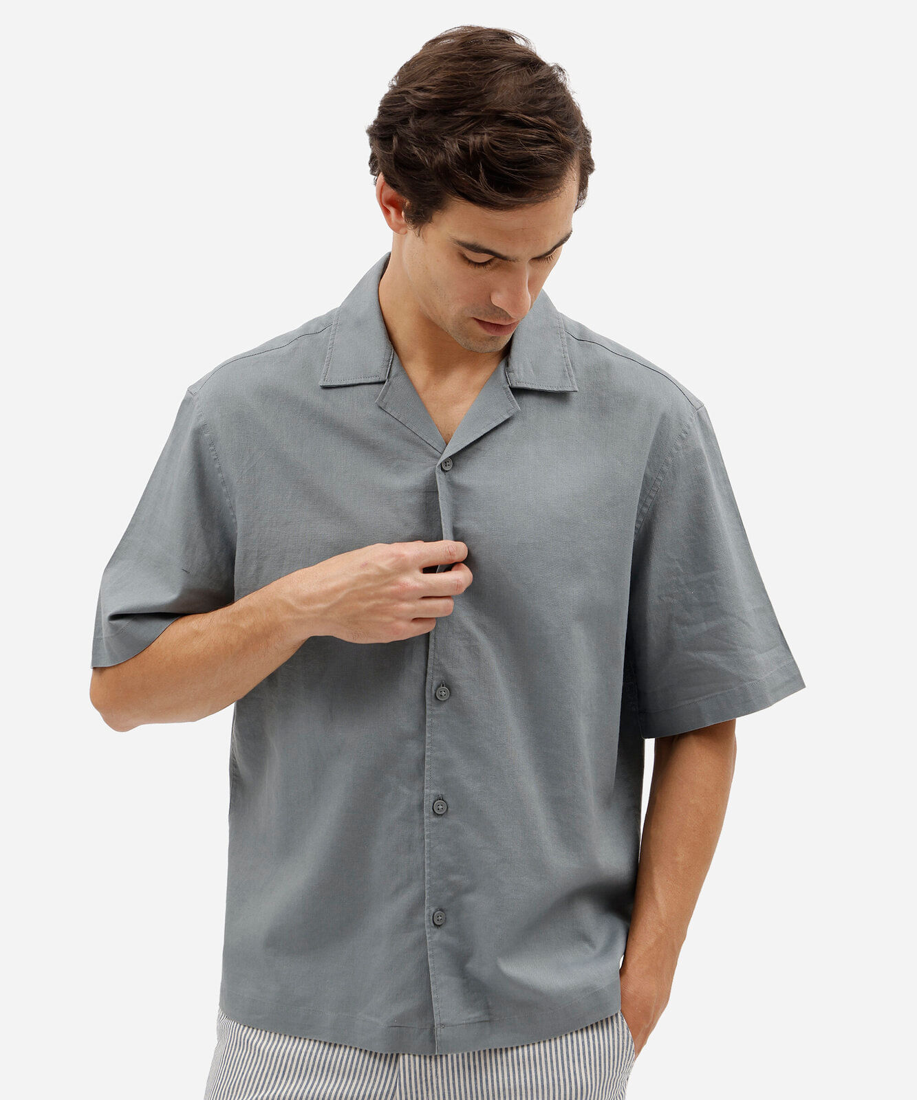 camisa masculina com linho manga curta azul