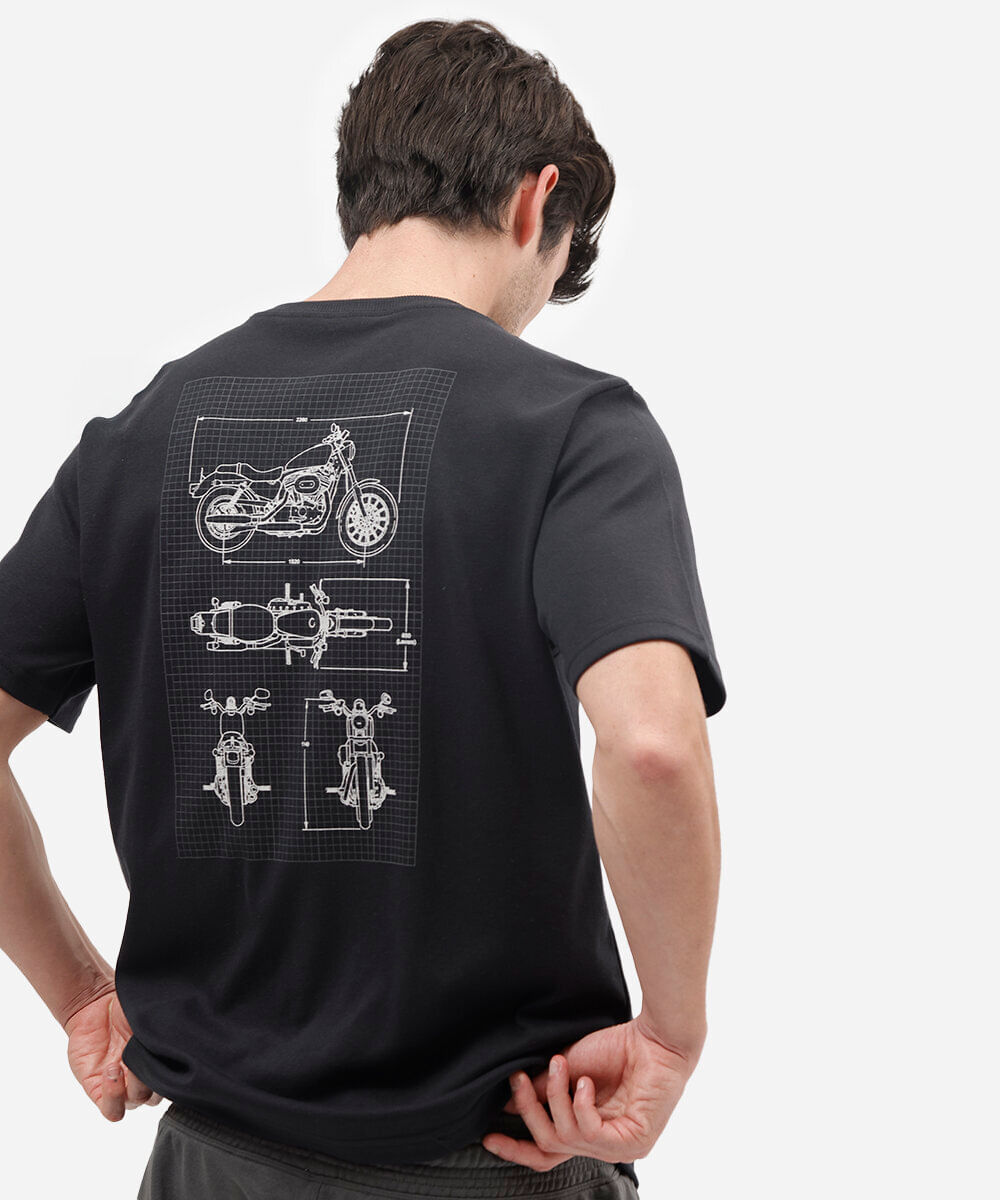 camiseta masculina comfort de malha suedine com estampa de moto preta