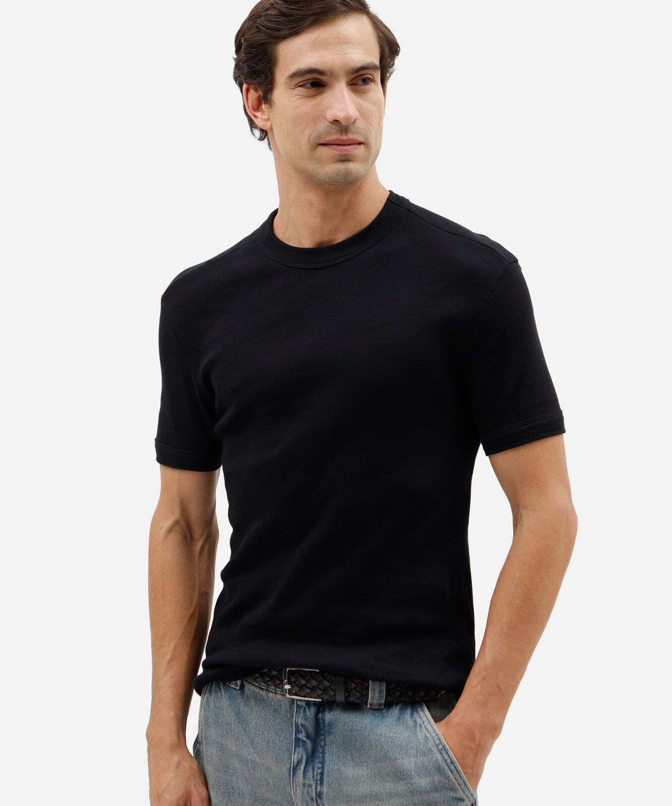 camiseta masculina slim de malha ribana preta