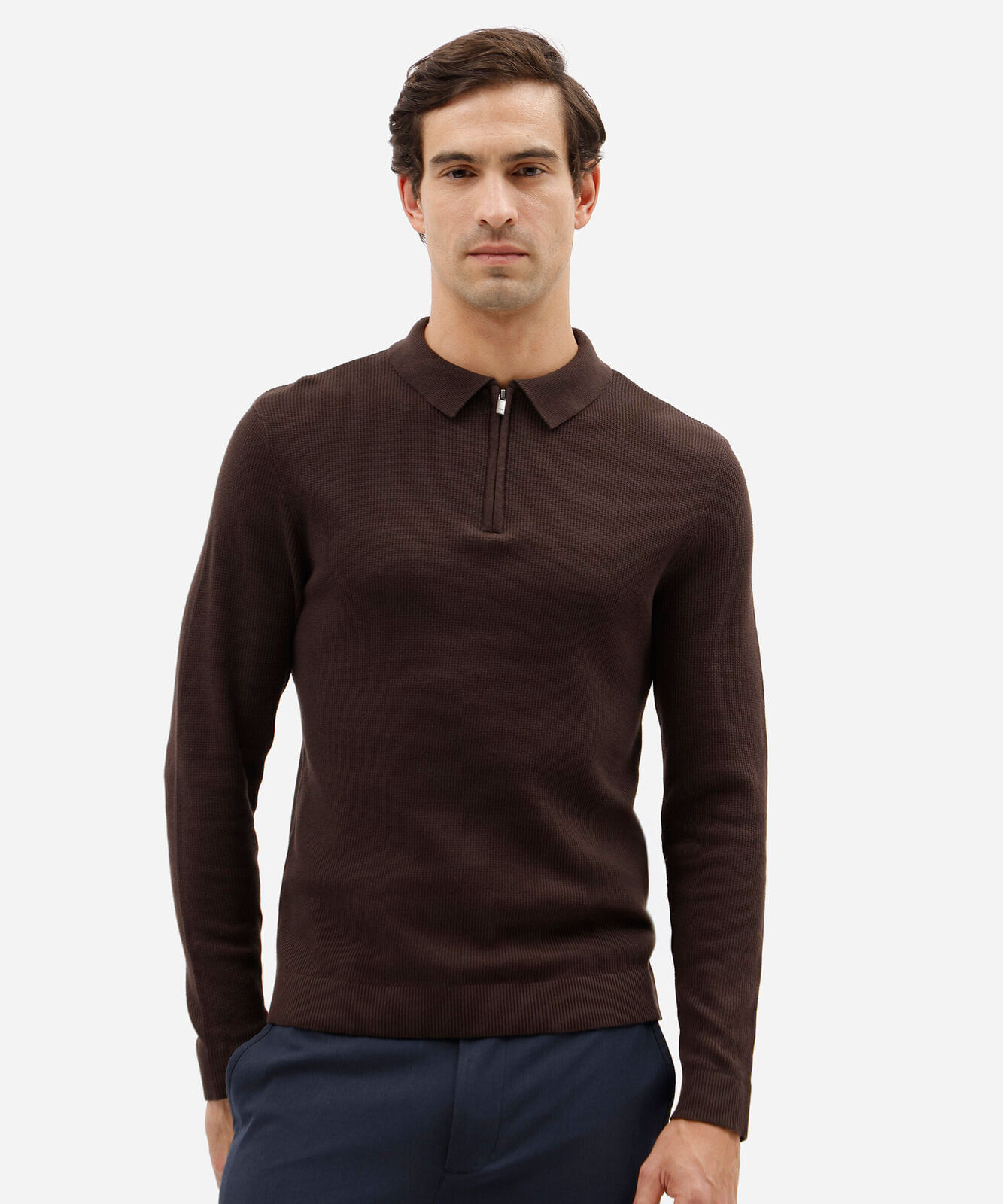 camisa polo masculina de tricô slim texturizada manga longa marrom