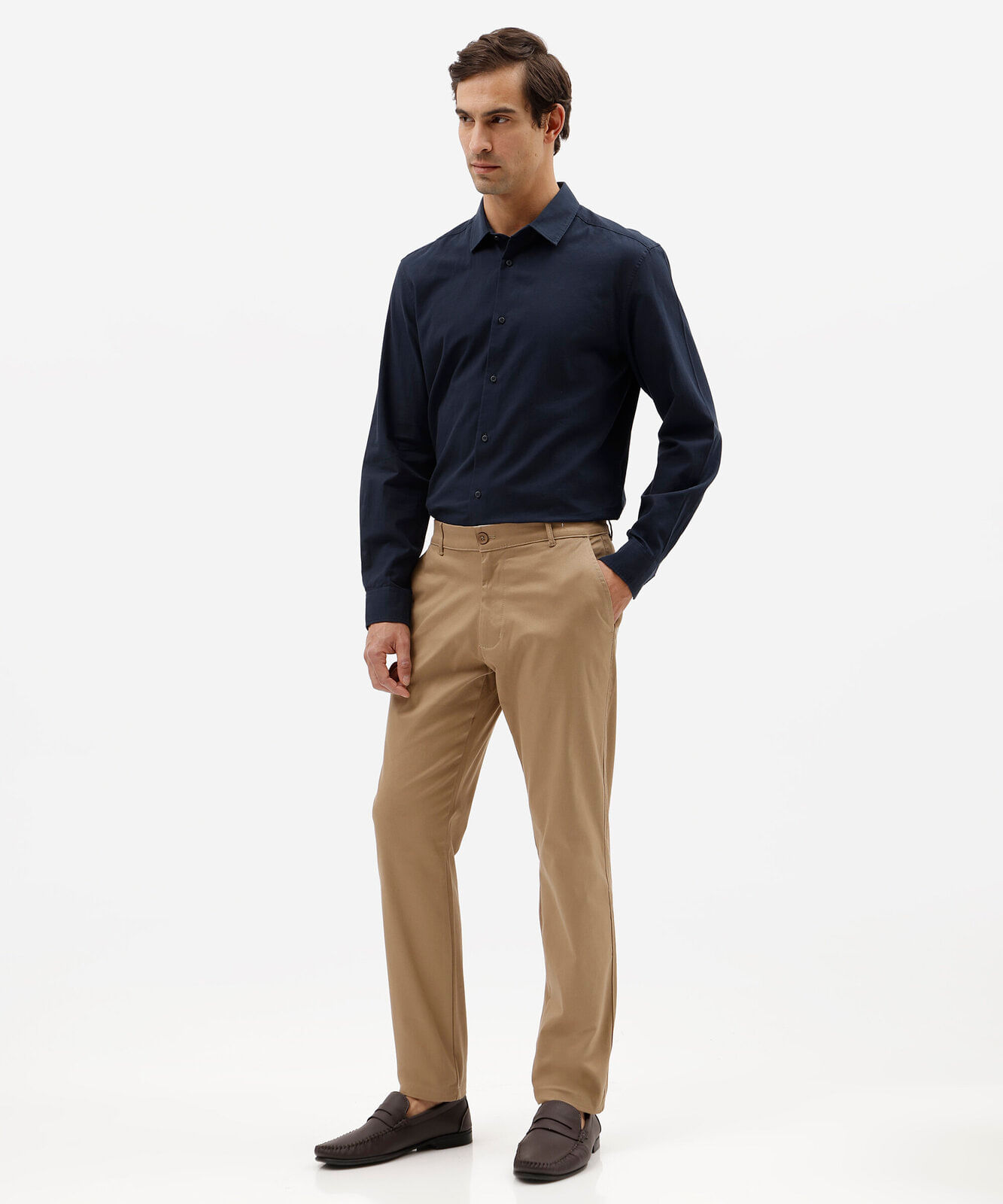 calça slim masculina de sarja bege