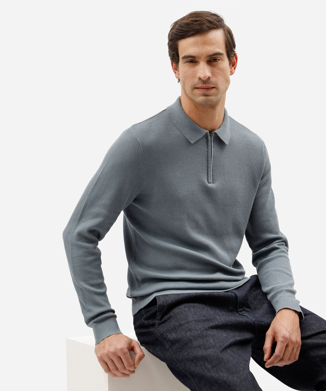 camisa polo masculina de tricô slim texturizada manga longa azul