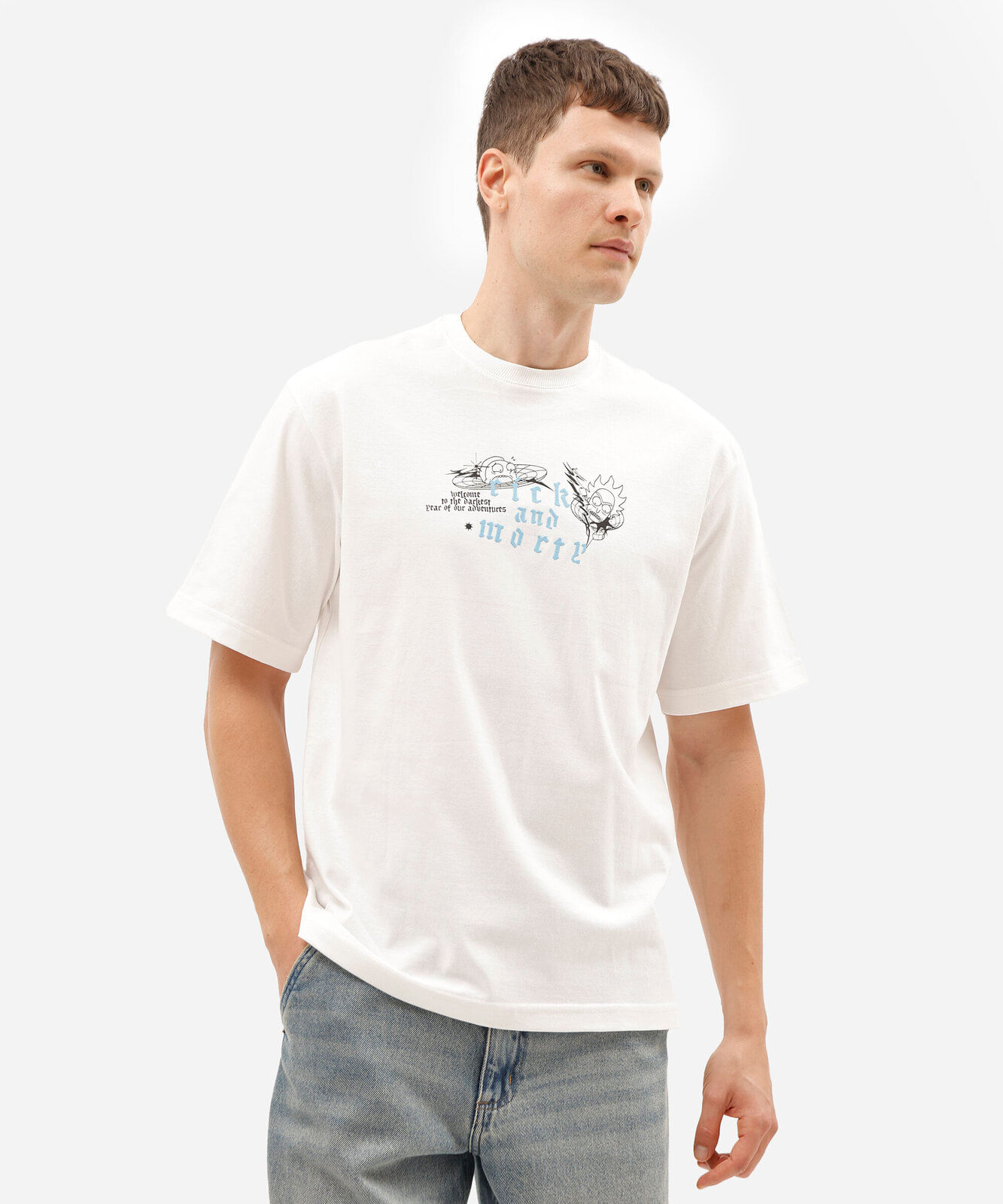 camiseta masculina de algodão manga curta rick and morty off white