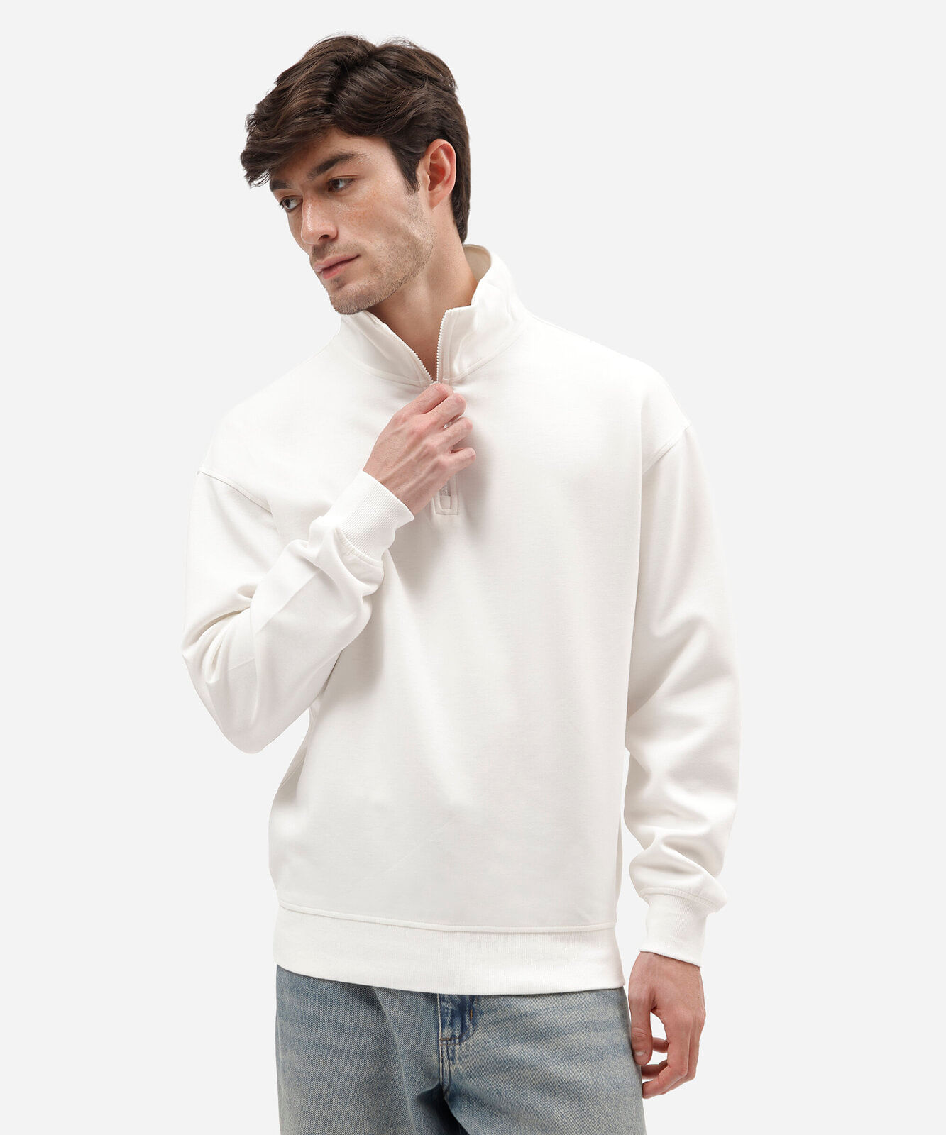 moletom masculino relaxed com gola esporte e zíper frontal off white