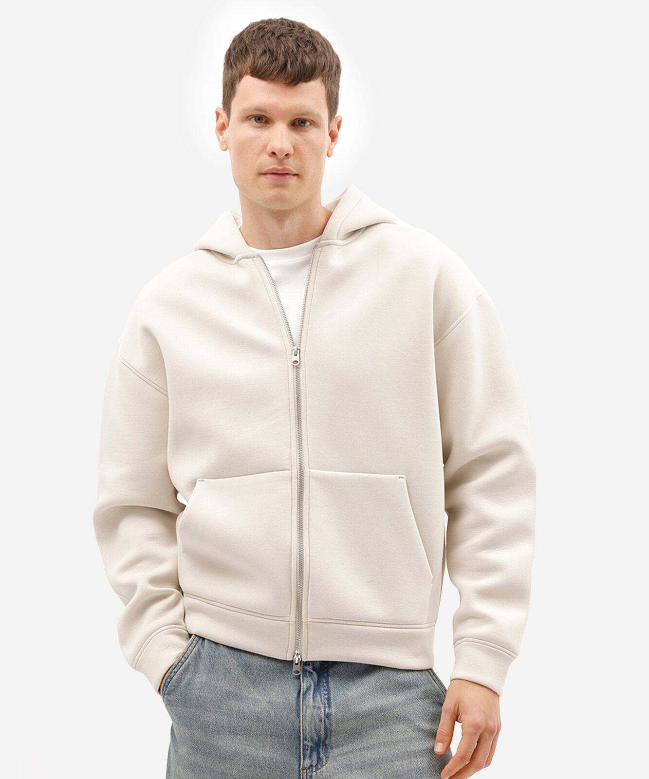 blusão masculino de moletom com zíper e capuz off white