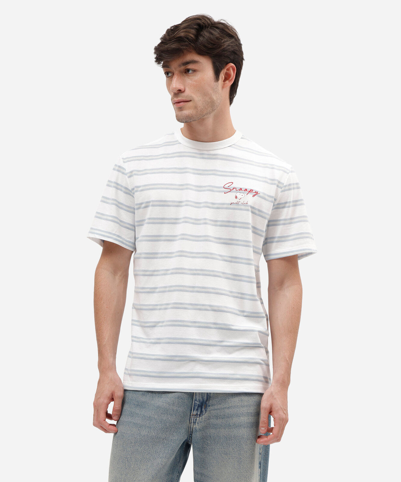 camiseta masculina com algodão snoopy listrada off white