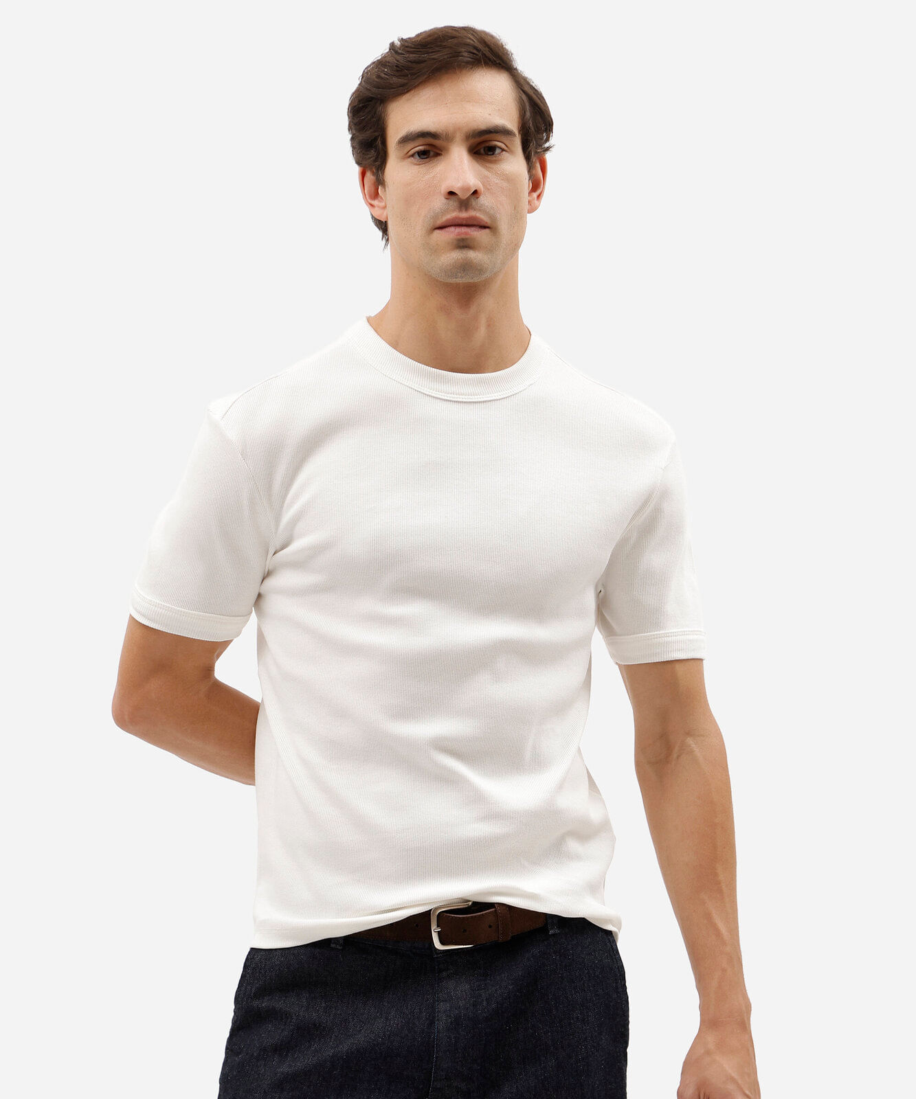 camiseta masculina slim de malha ribana off white