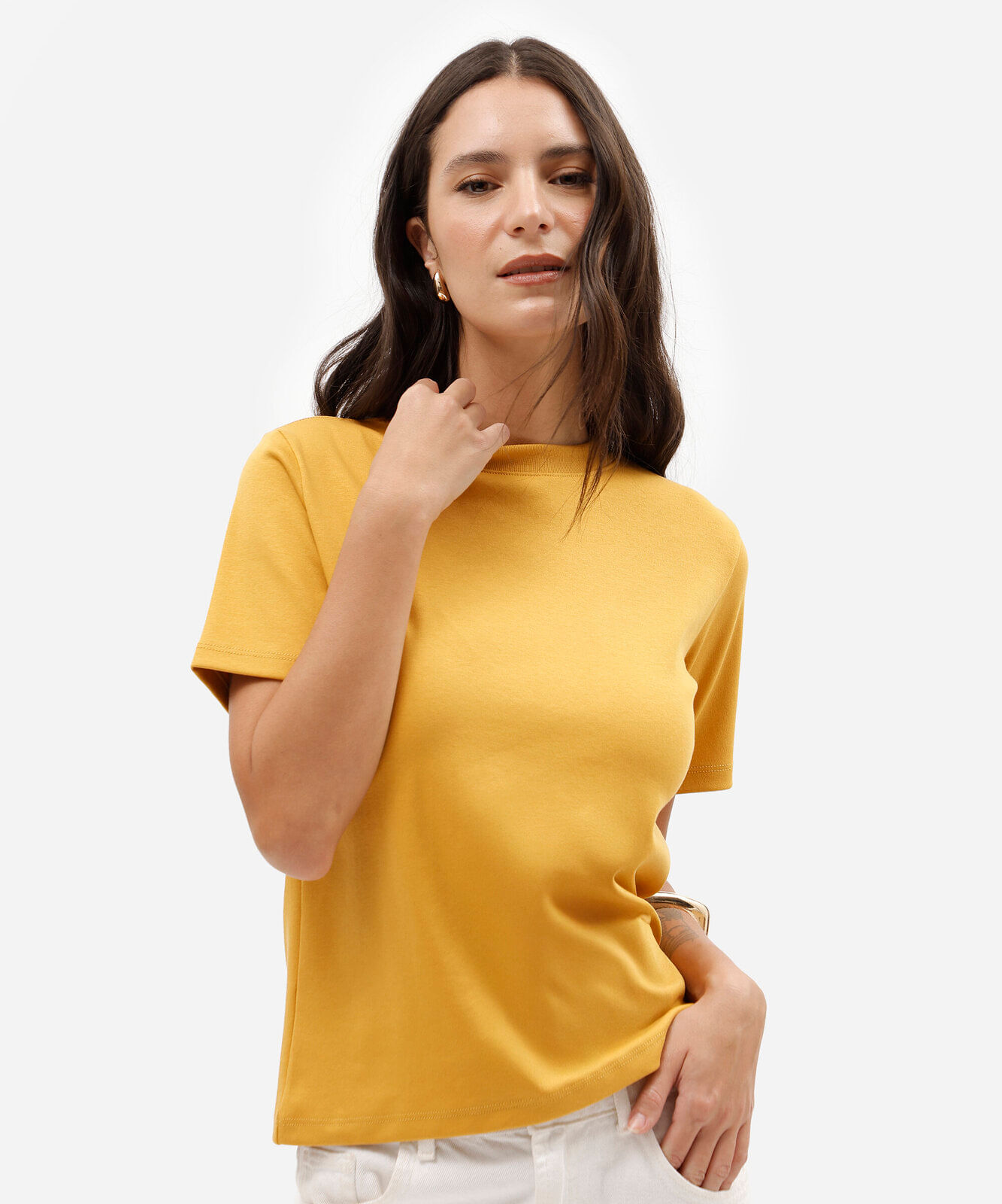 camiseta classic feminina de algodão peruano interlock amarela