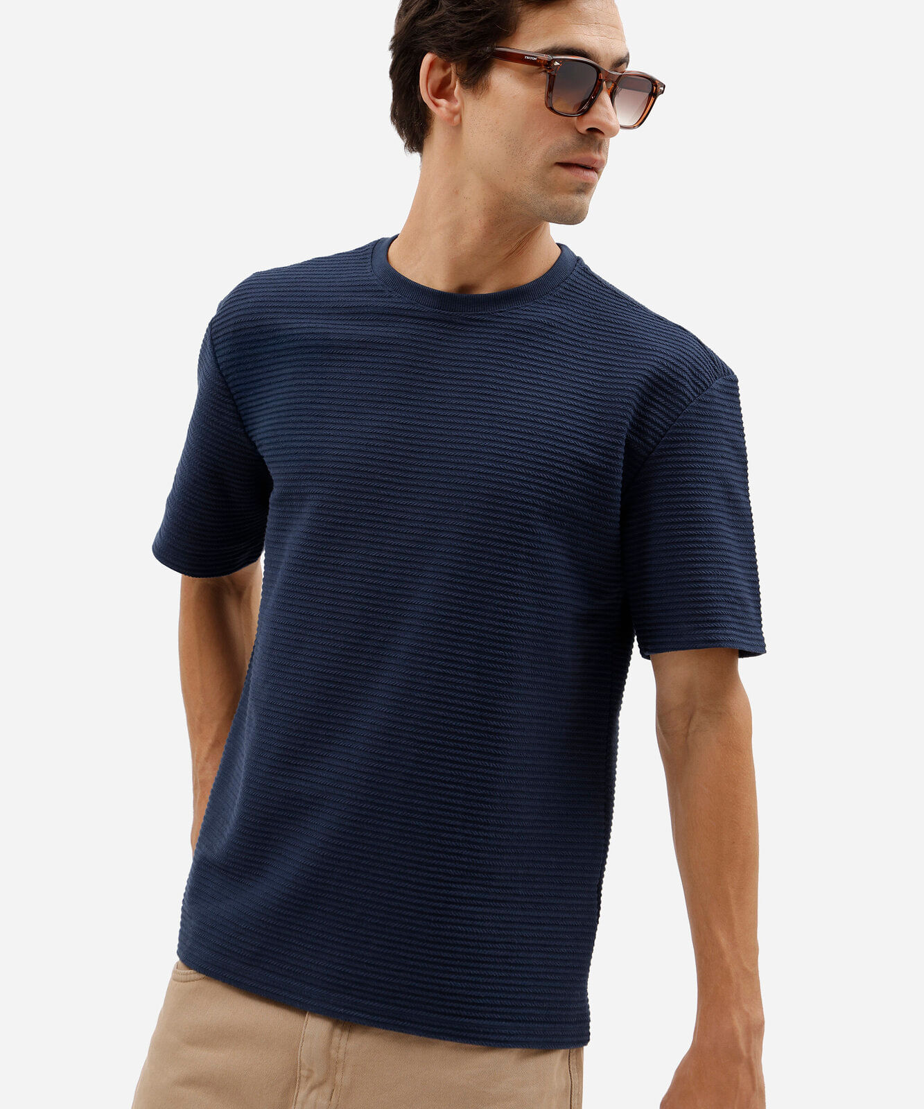 camiseta masculina relaxed de moletom sem felpa com fendas laterais azul