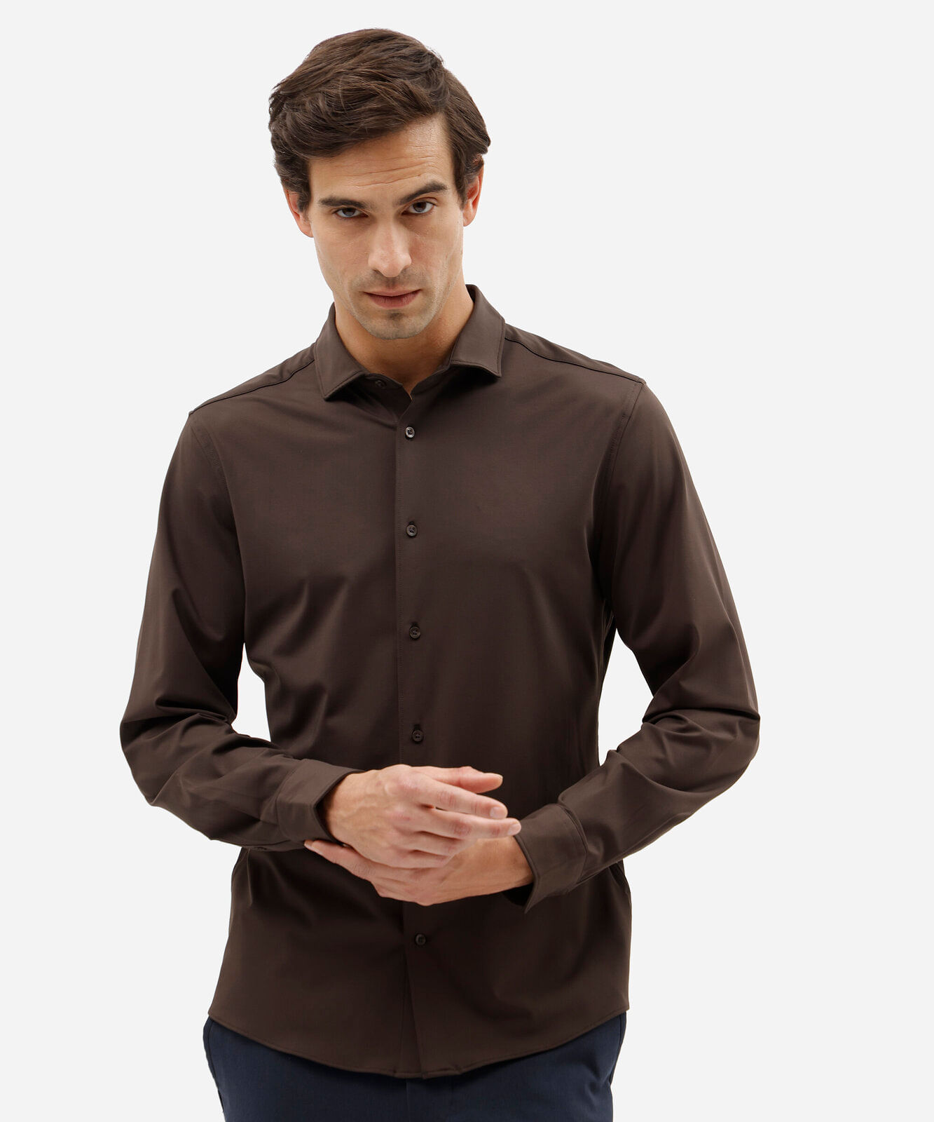 camisa slim fit masculina de poliamida manga longa marrom