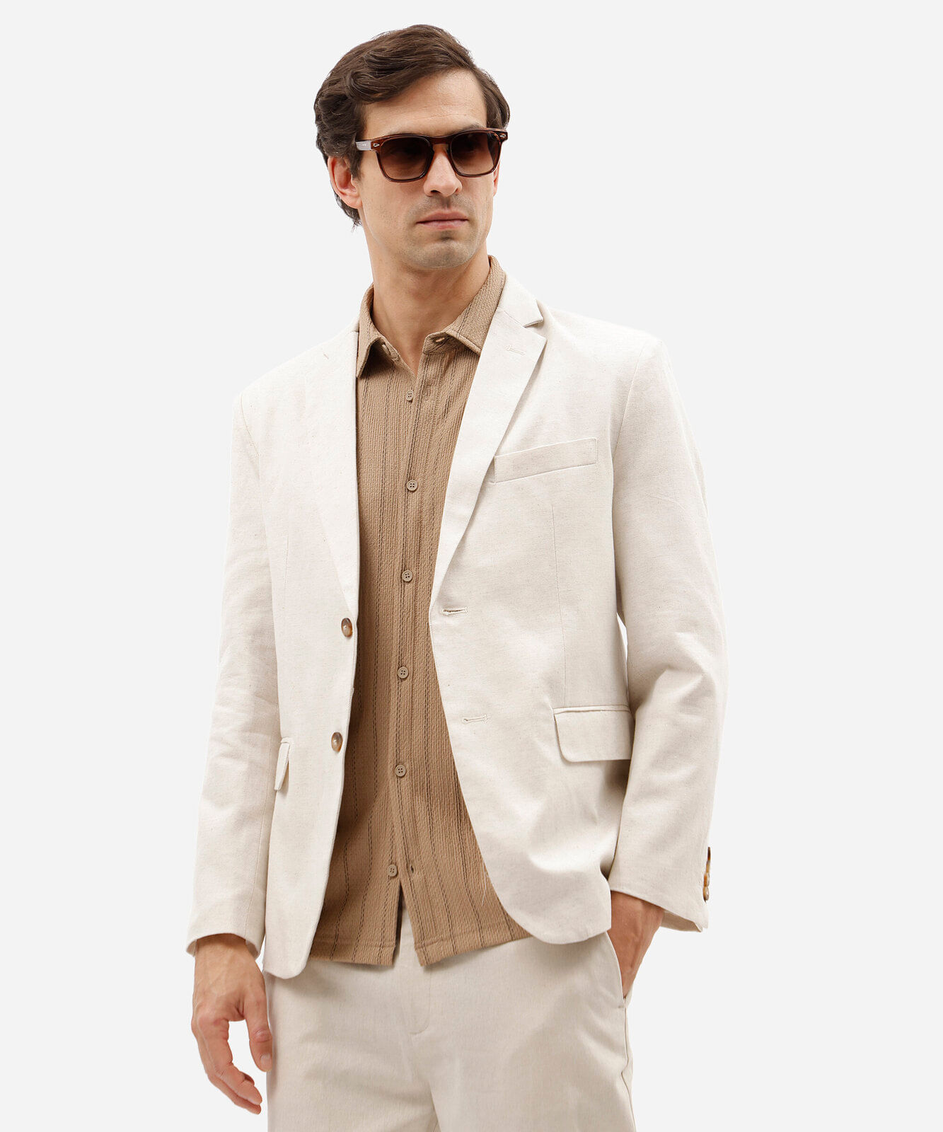 blazer slim de alfaiataria masculino com linho bege