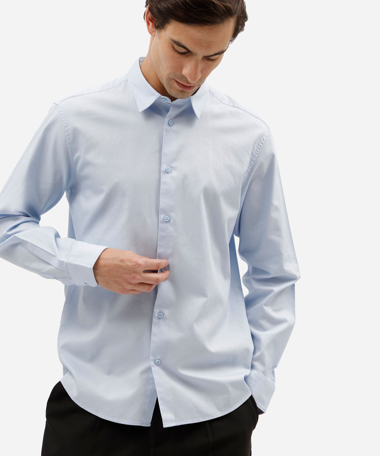camisa slim de algodão manga longa texturizada azul