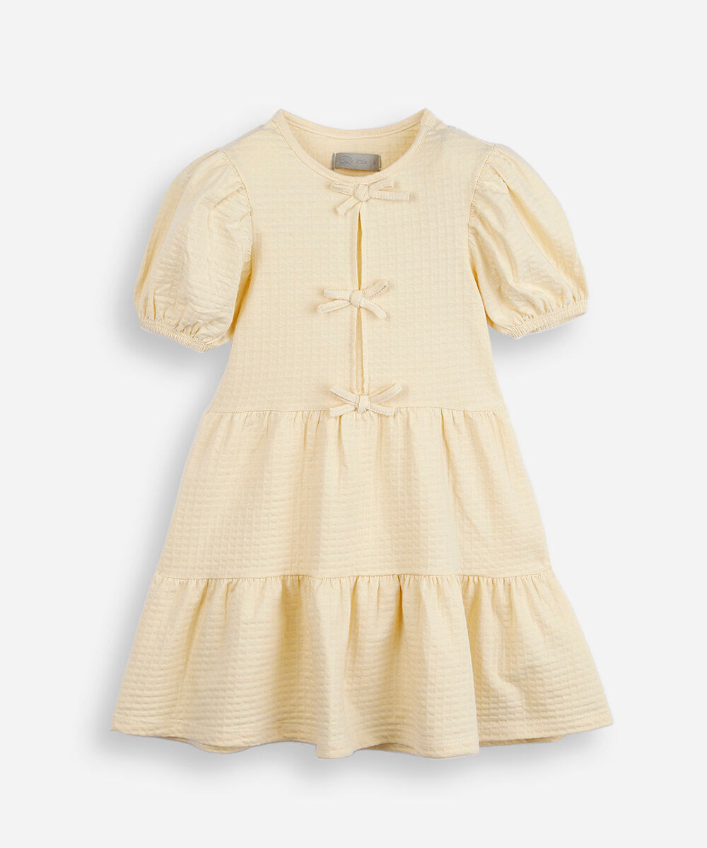 vestido infantil de algodão com recortes e laços manga bufante amarelo