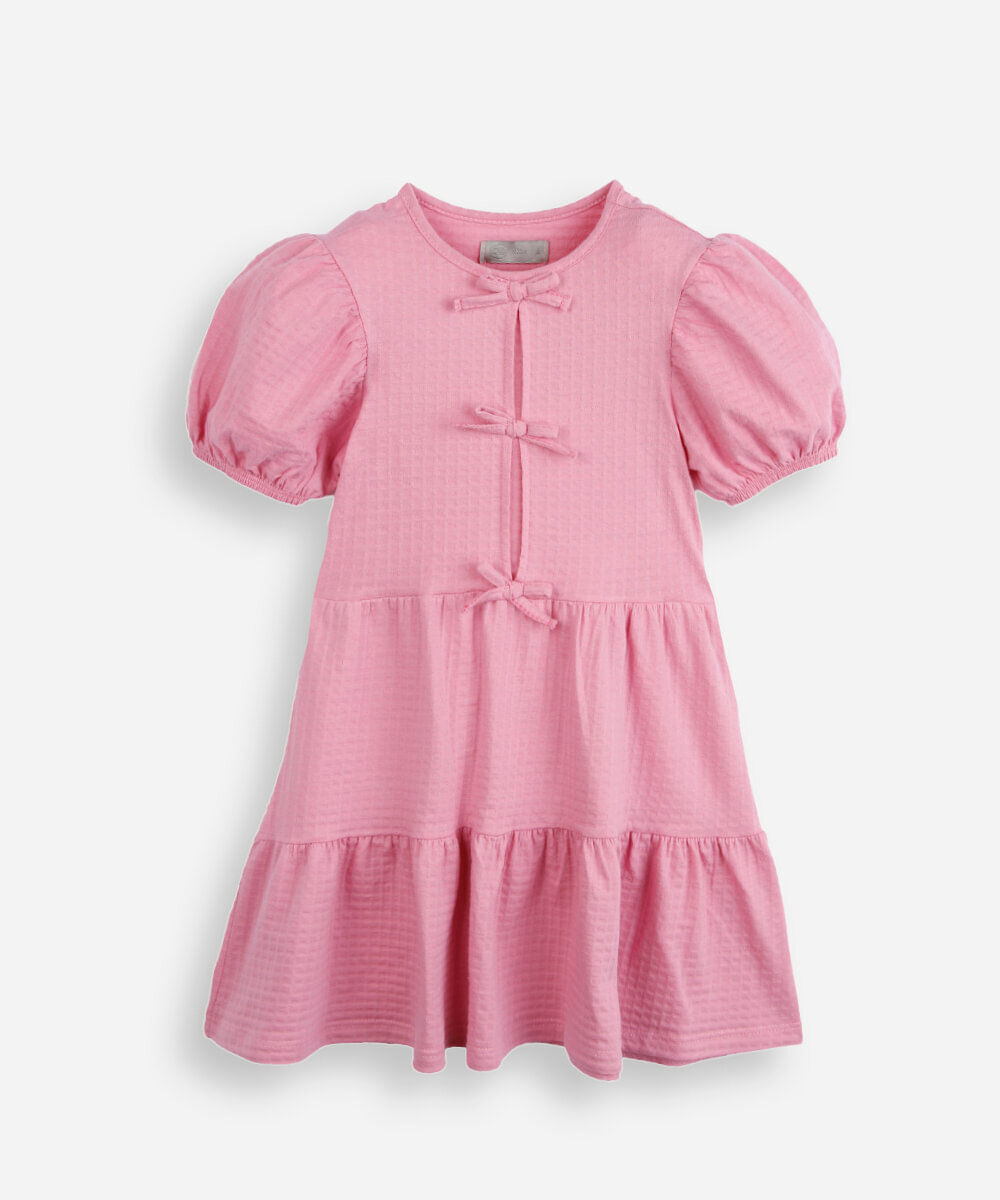 vestido infantil de algodão com recortes e laços manga bufante rosa