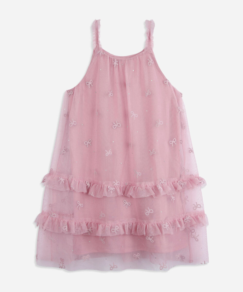 vestido infantil de tule com babado e laços rosa