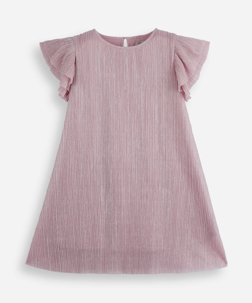 vestido infantil manga curta plissado rosa