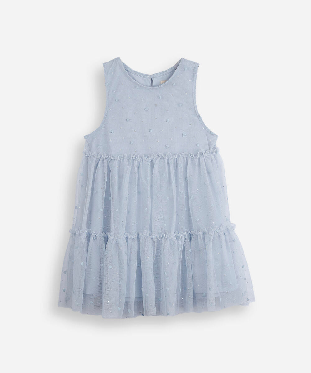 vestido infantil de tule com recortes e brilhos azul