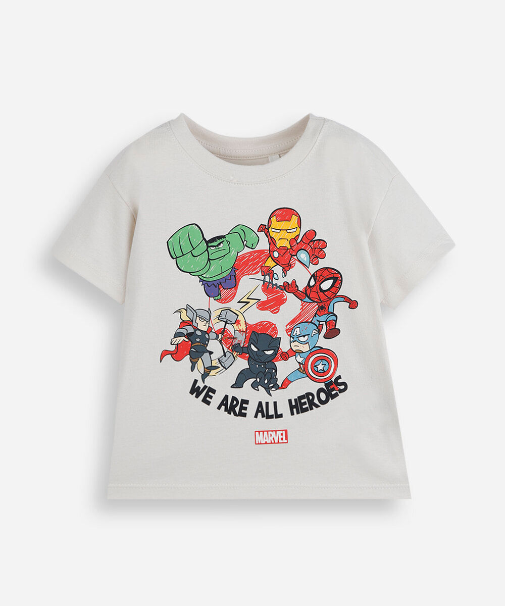 camiseta infantil de algodão com estampa dos heróis marvel off white