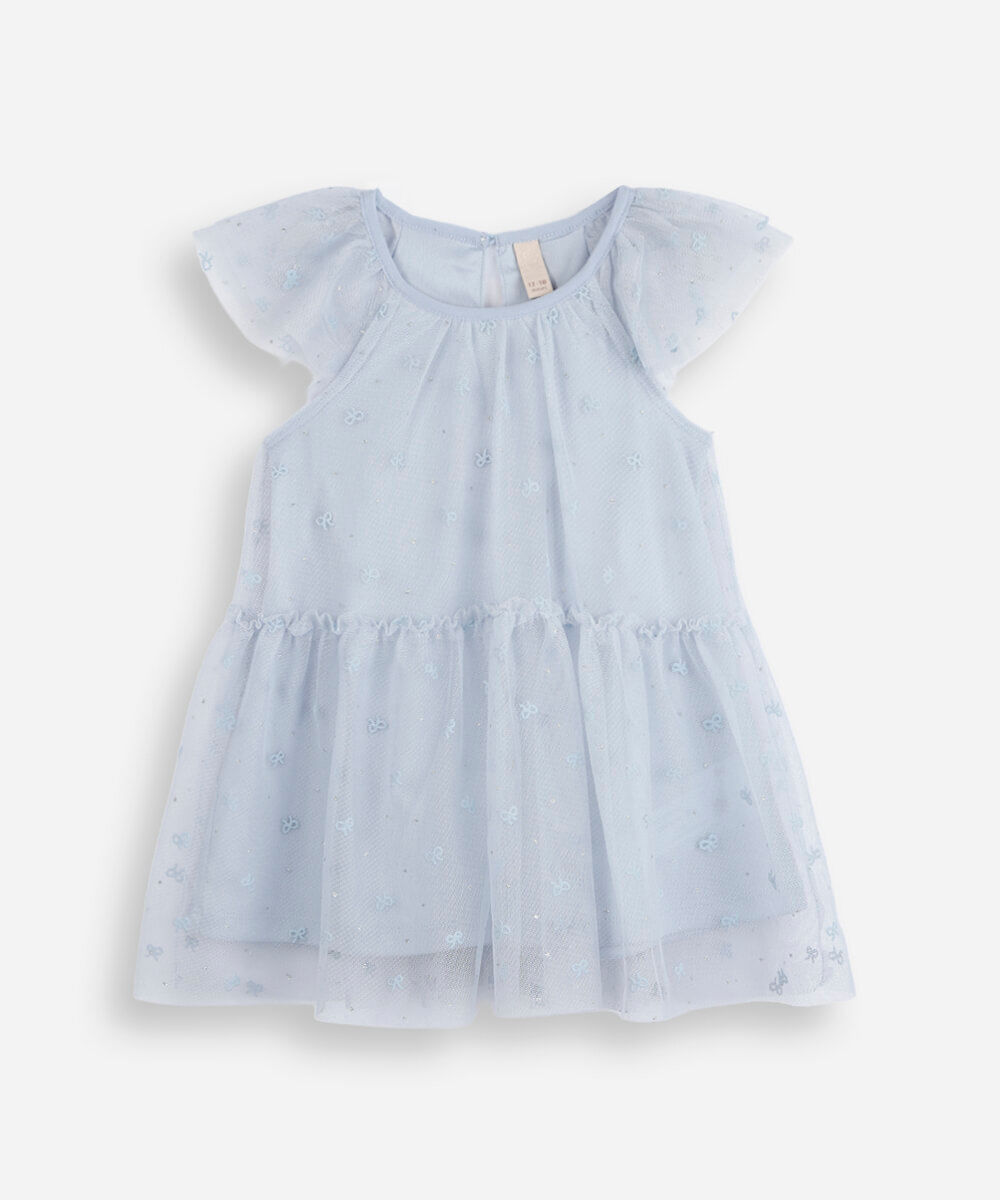 vestido infantil de tule com recorte laços azul