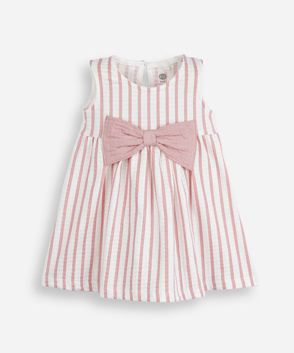 vestido infantil de algodão texturizado listrado rosa