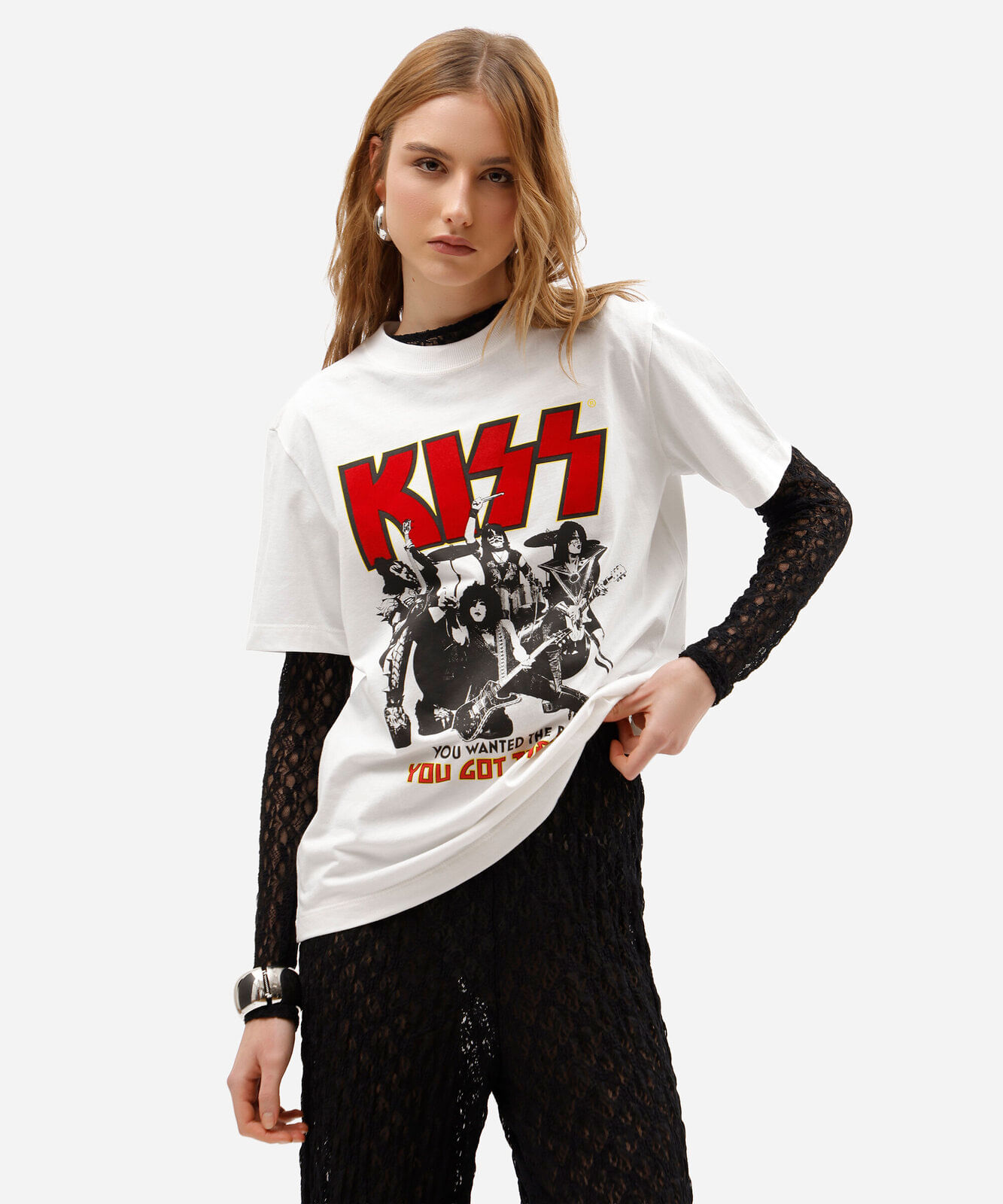 camiseta feminina de algodão peruano manga curta kiss off white