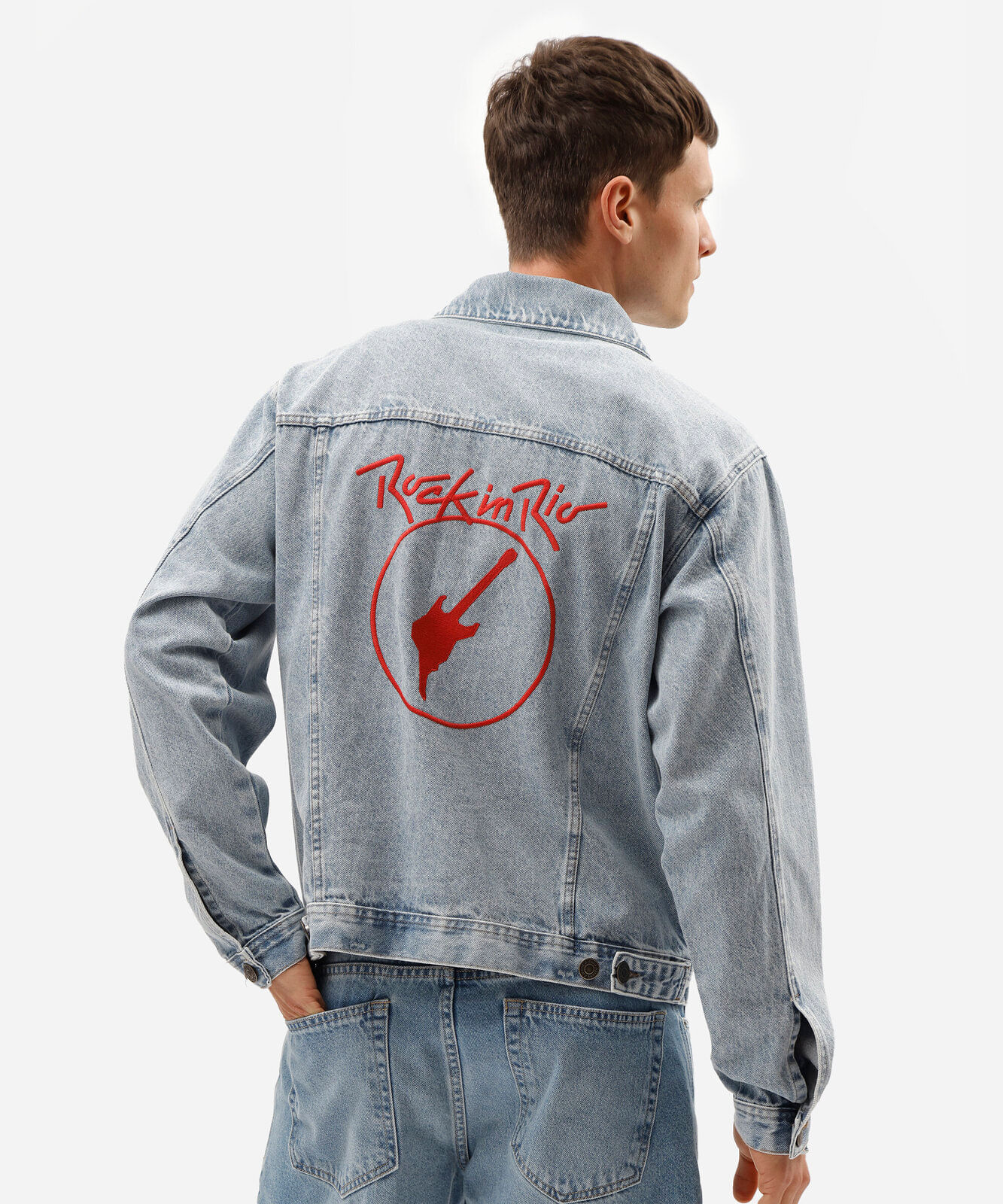 jaqueta masculina jeans bordada rock in rio azul