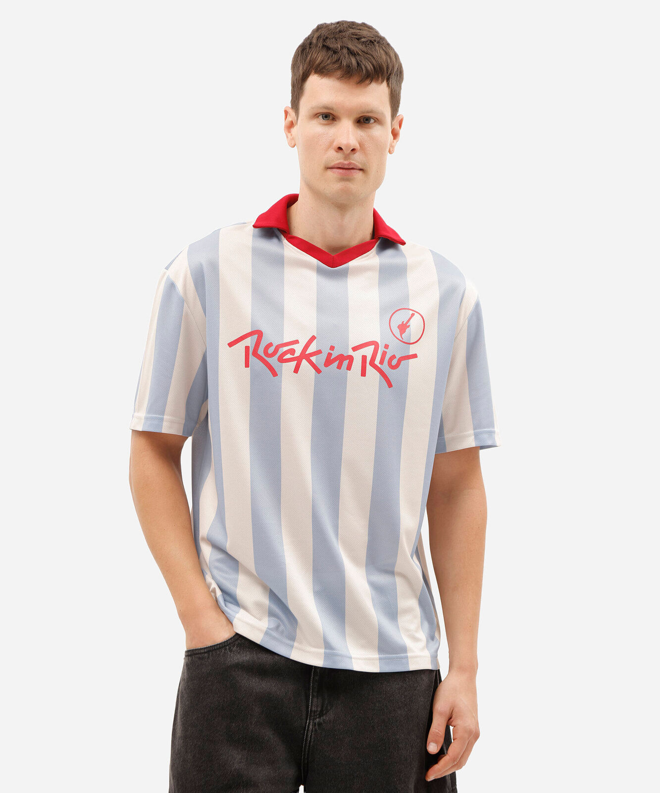 camiseta masculina rock in rio relaxed listrada com gola polo azul