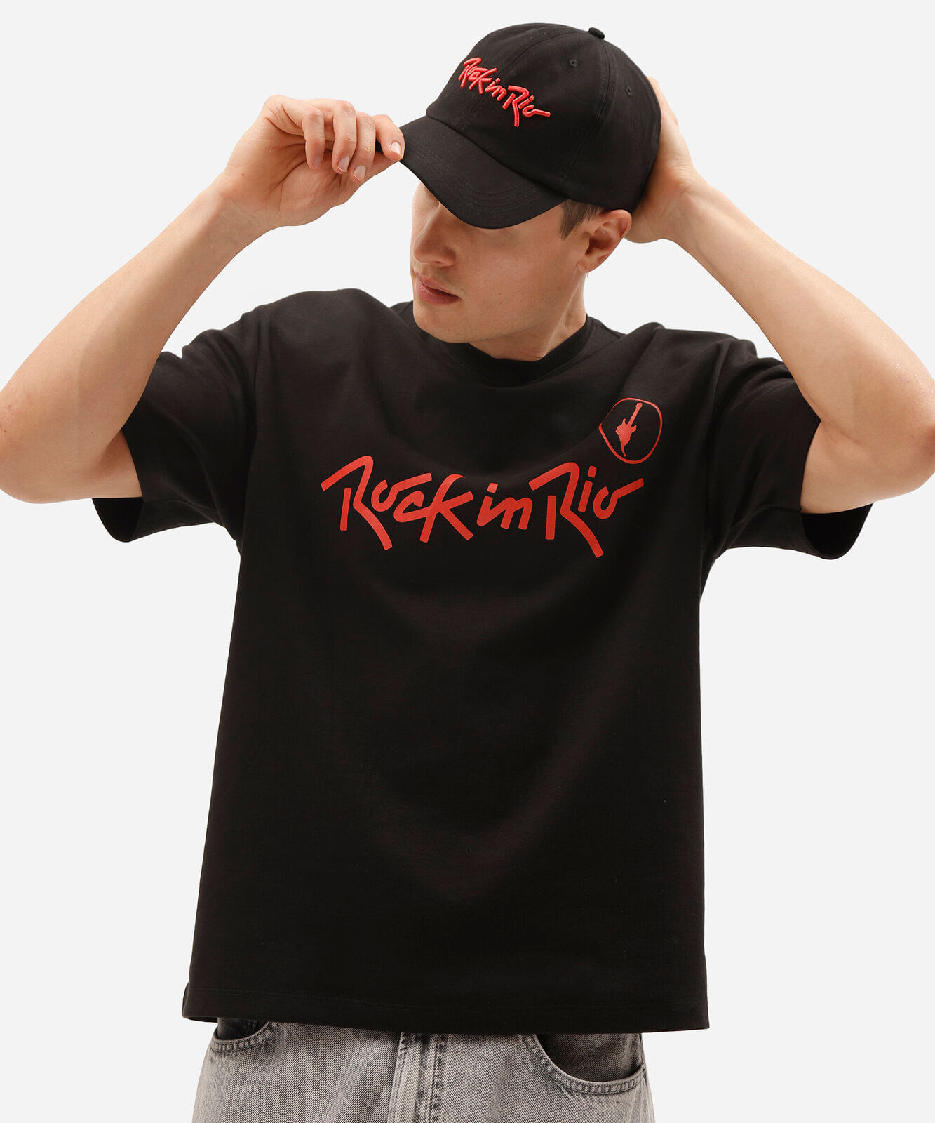 camiseta masculina rock in rio relaxed de malha suedine preta