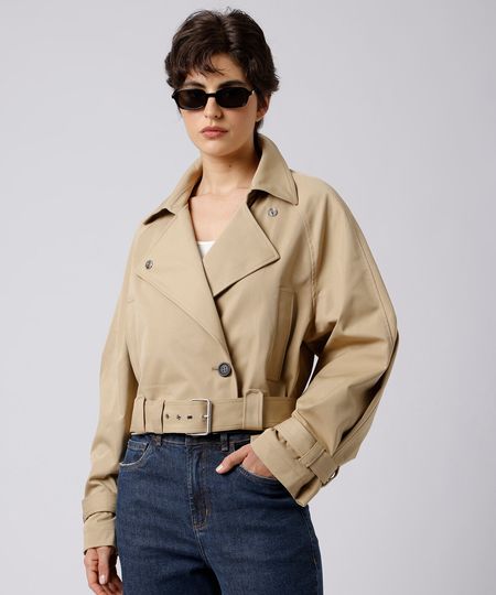 casaco trench coat feminino cropped com cinto mindset bege GG