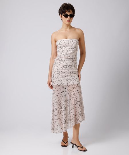 vestido midi sem alça feminino de tule franzido poá mindset off white P