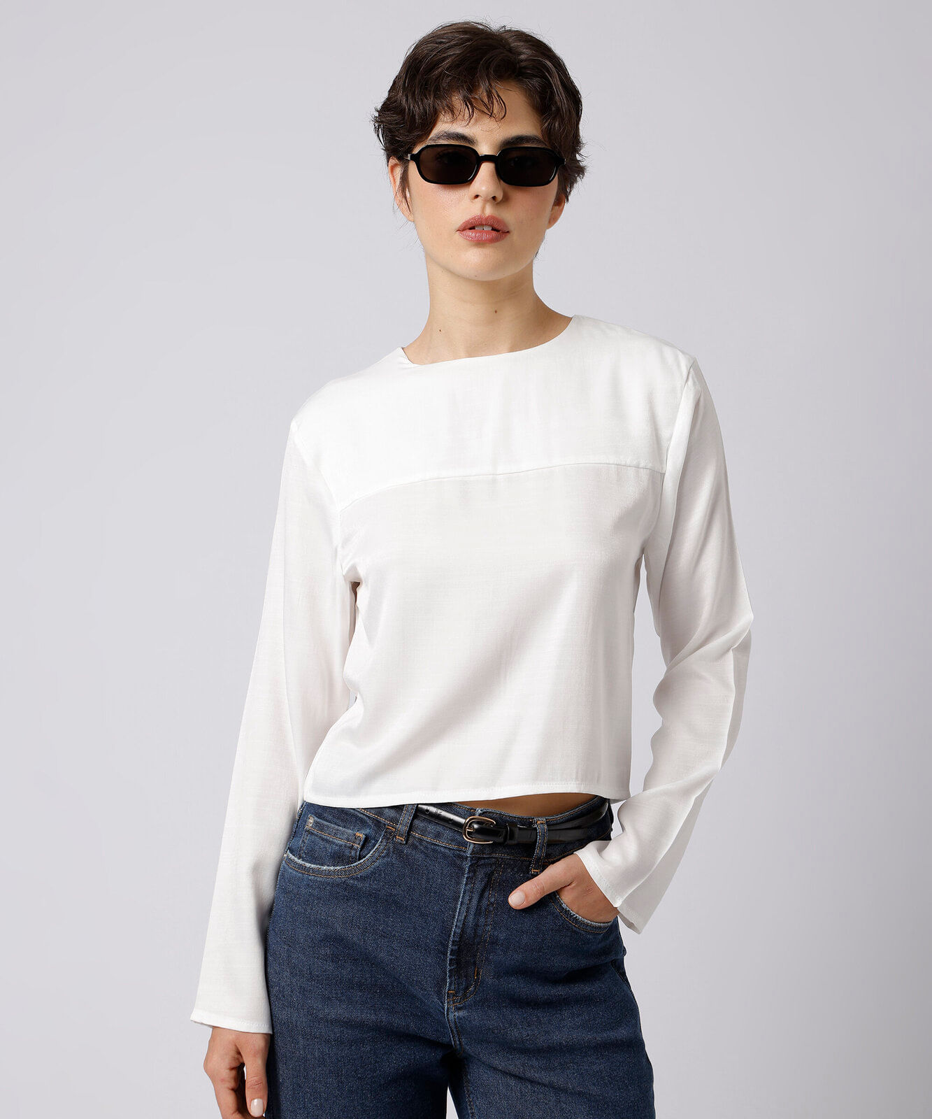 blusa feminina decote redondo manga longa com recorte mindset off white