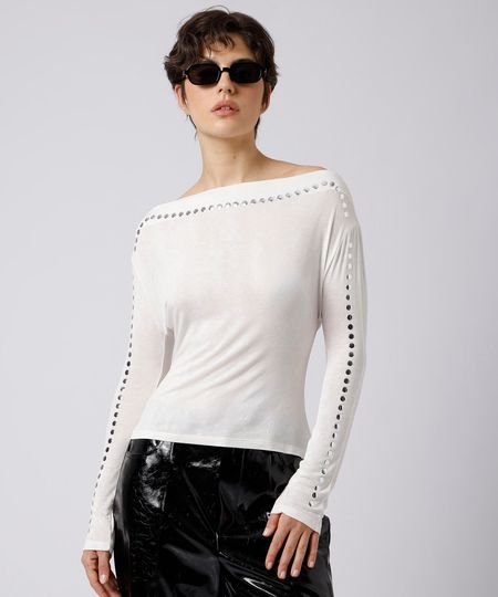 blusa feminina de viscose decote canoa com tachas mindset off white M