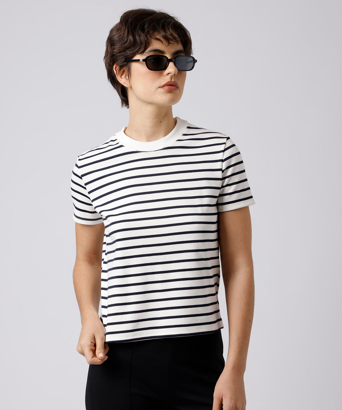 camiseta slim fit feminina com algodão manga curta listrada mindset azul