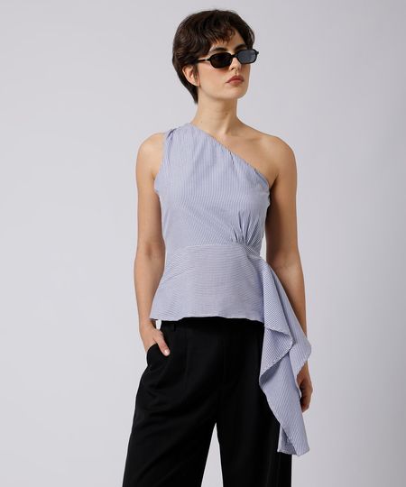 blusa peplum ombro único feminina mindset azul GG