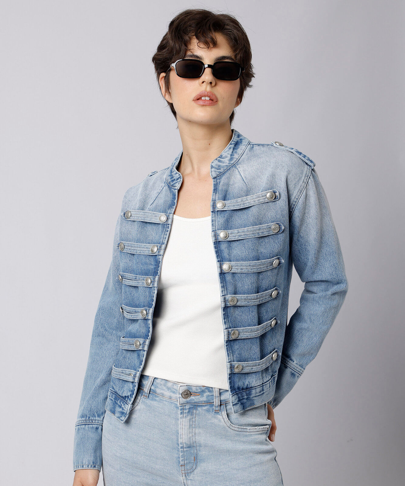 jaqueta militar feminina jeans mindset azul