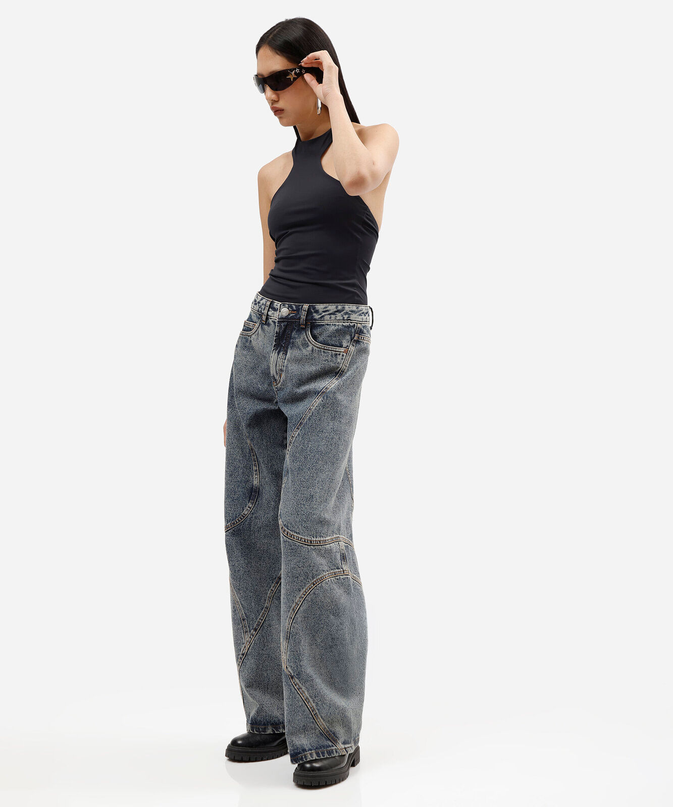 calça wide leg feminina jeans com recortes cintura média azul