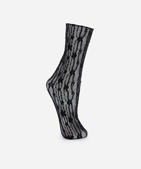 meia feminina cano alto de renda floral preta 34-39
