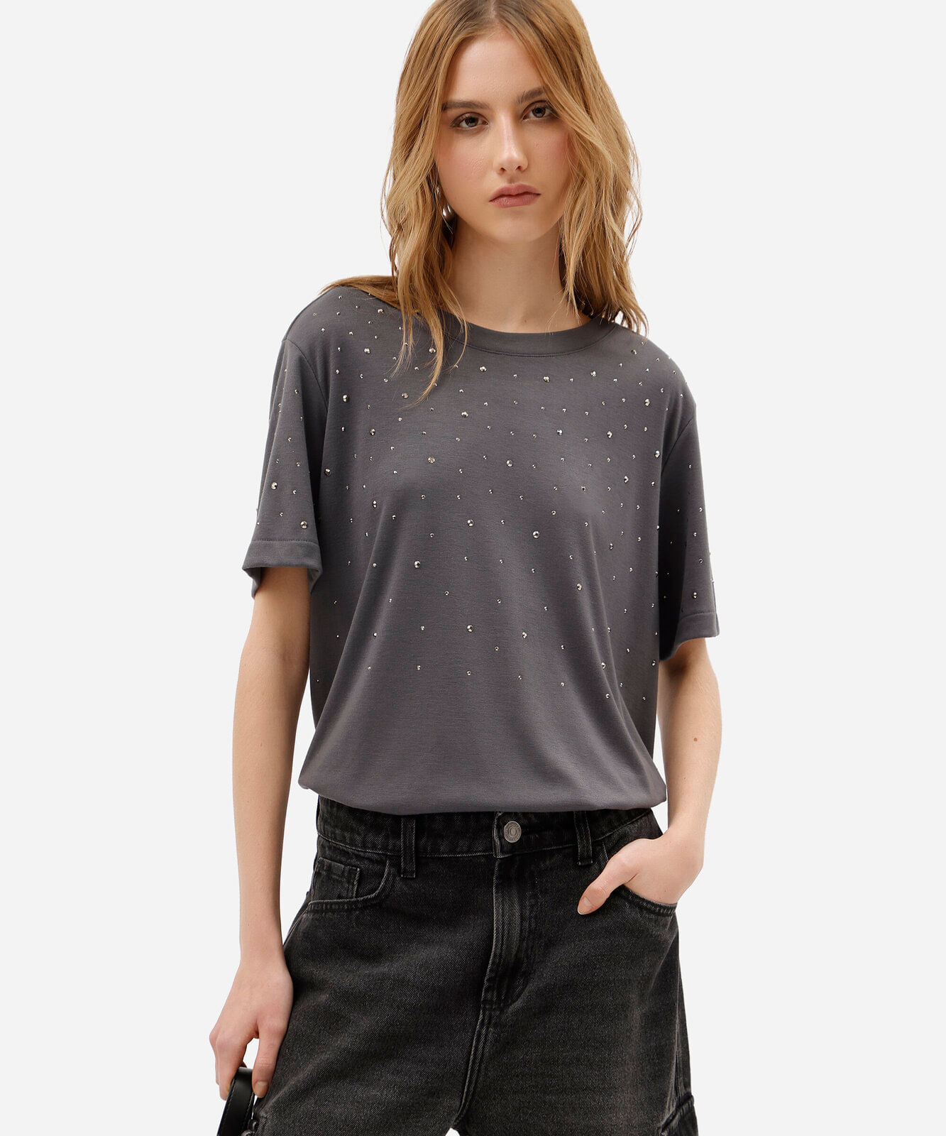 camiseta feminina com viscose e brilhos manga curta cinza
