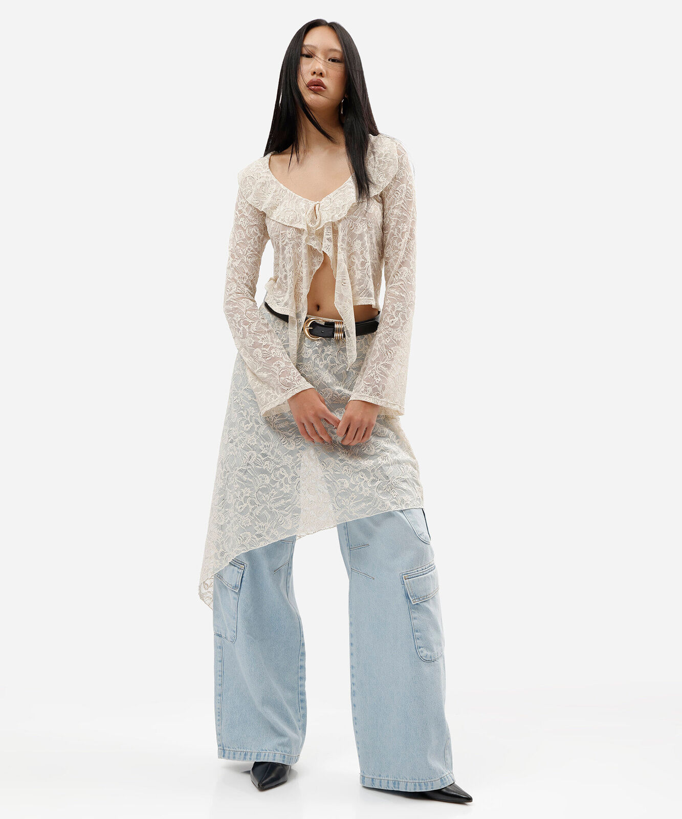 saia anágua feminina de renda assimétrica floral off white