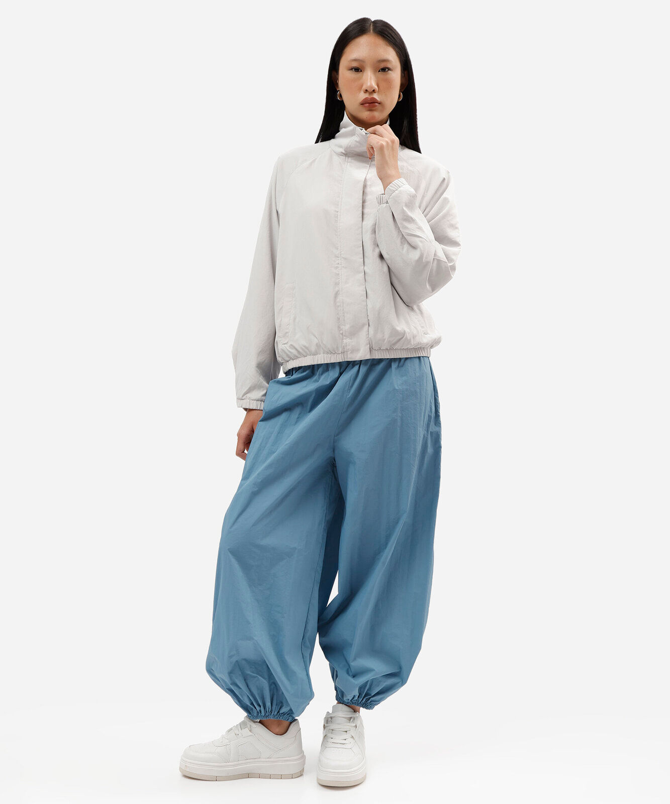 calça balloon feminina de poliamida cós elástico azul