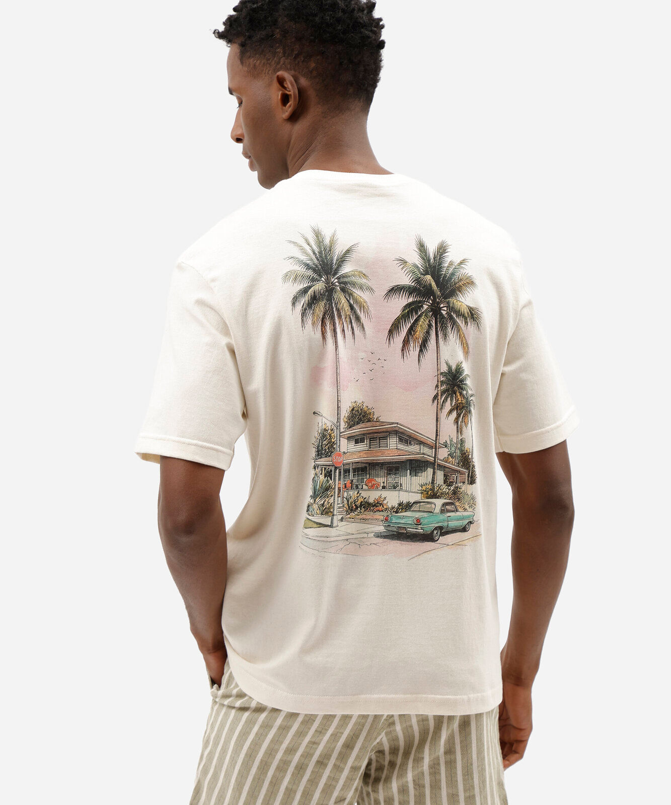 camiseta masculina de algodão manga curta estampada bege