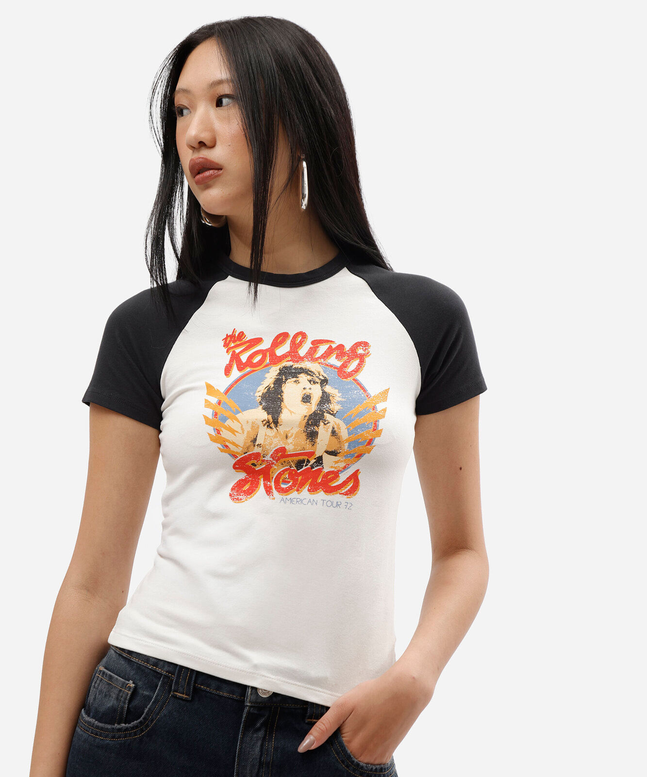 camiseta raglan baby look feminina de algodão manga curta the rolling stones off