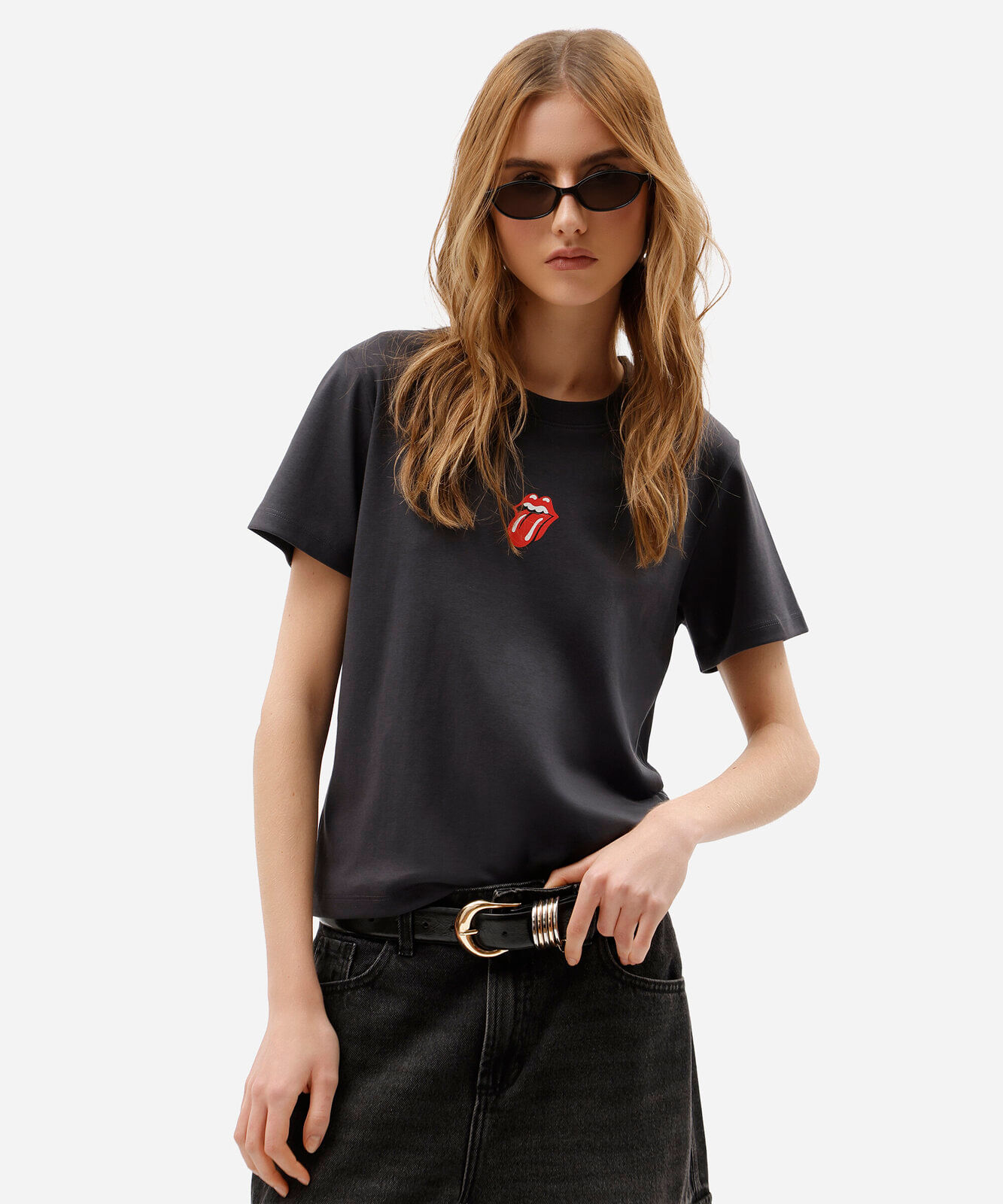 camiseta feminina de algodão peruano manga curta the rolling stones cinza