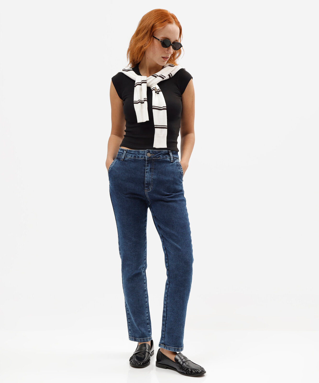 calça reta jeans cintura alta sawary azul