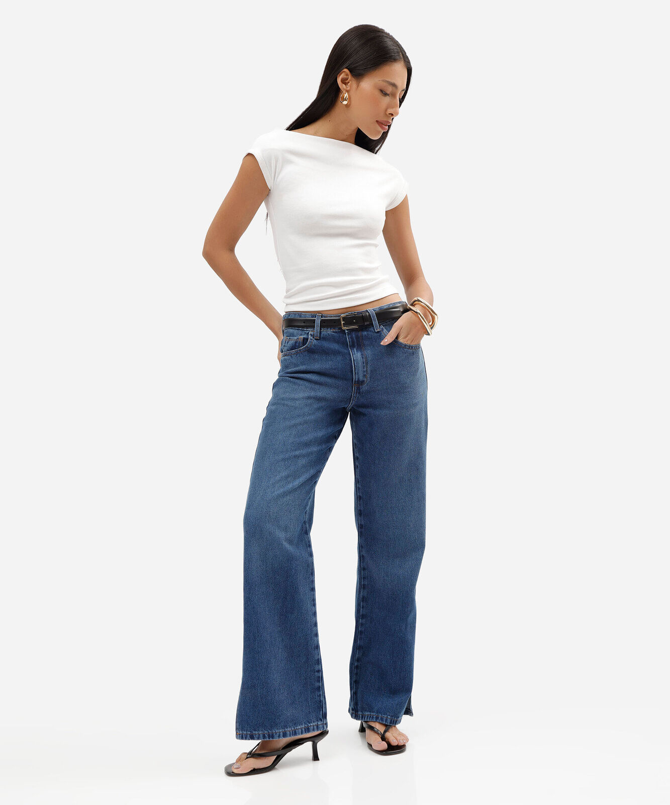 calça wide leg slim feminina cintura baixa azul