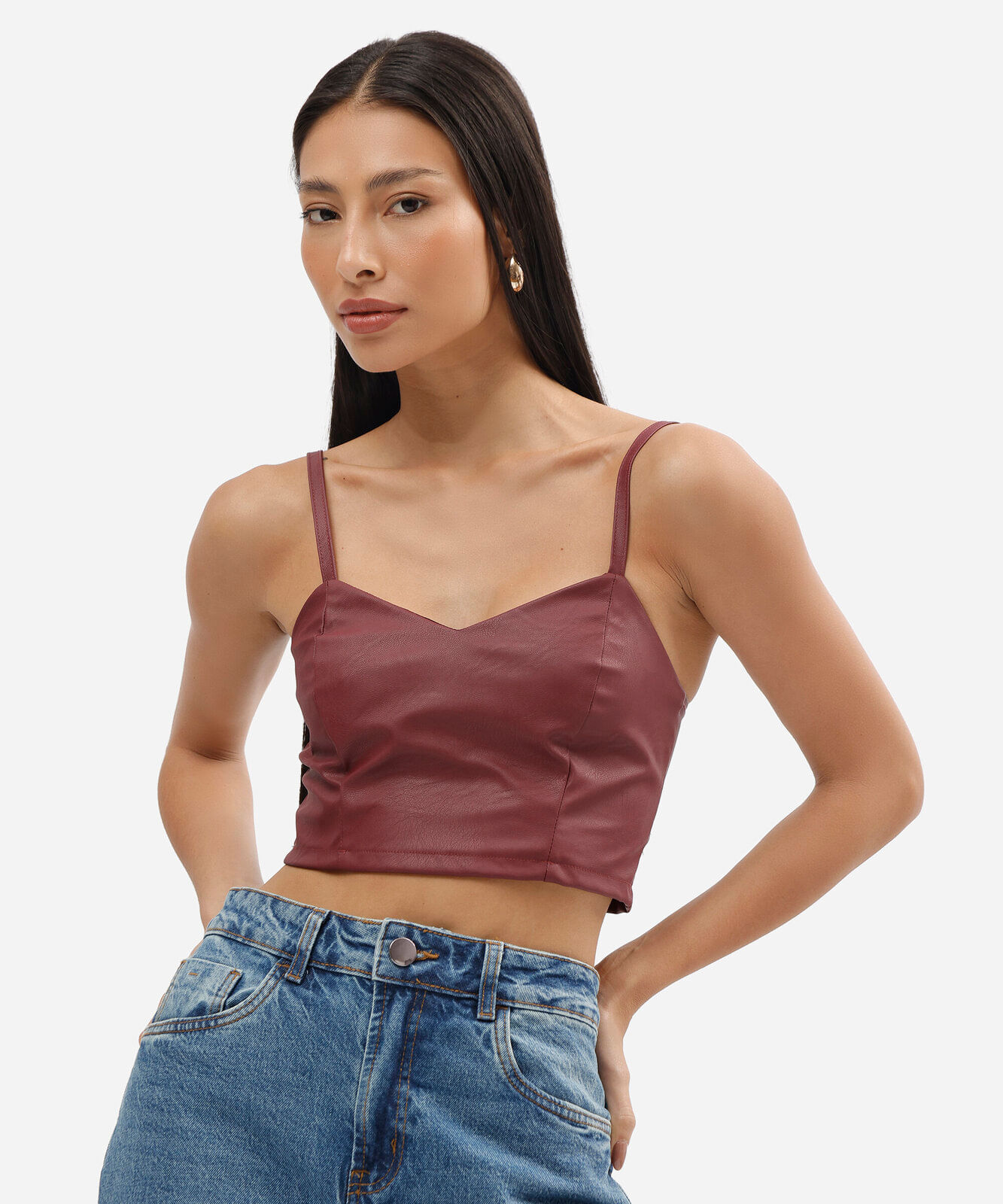top cropped feminino de pu alça fina vinho