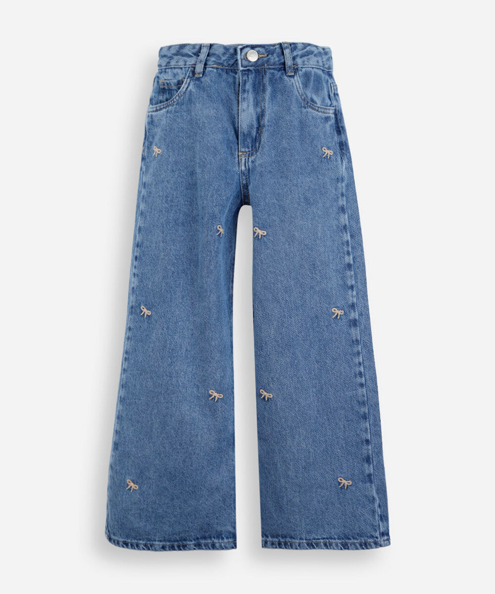 calça wide leg infantil com bordados azul