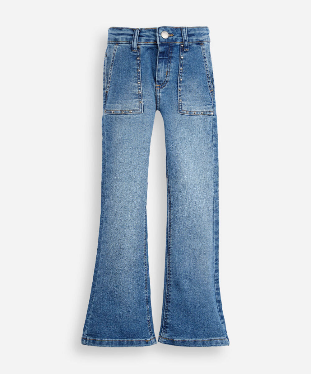 calça flare infantil jeans com tachas azul