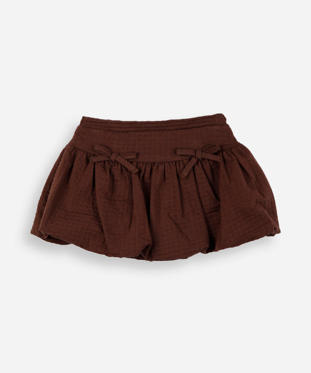 short saia infantil de algodão texturizada com laços marrom