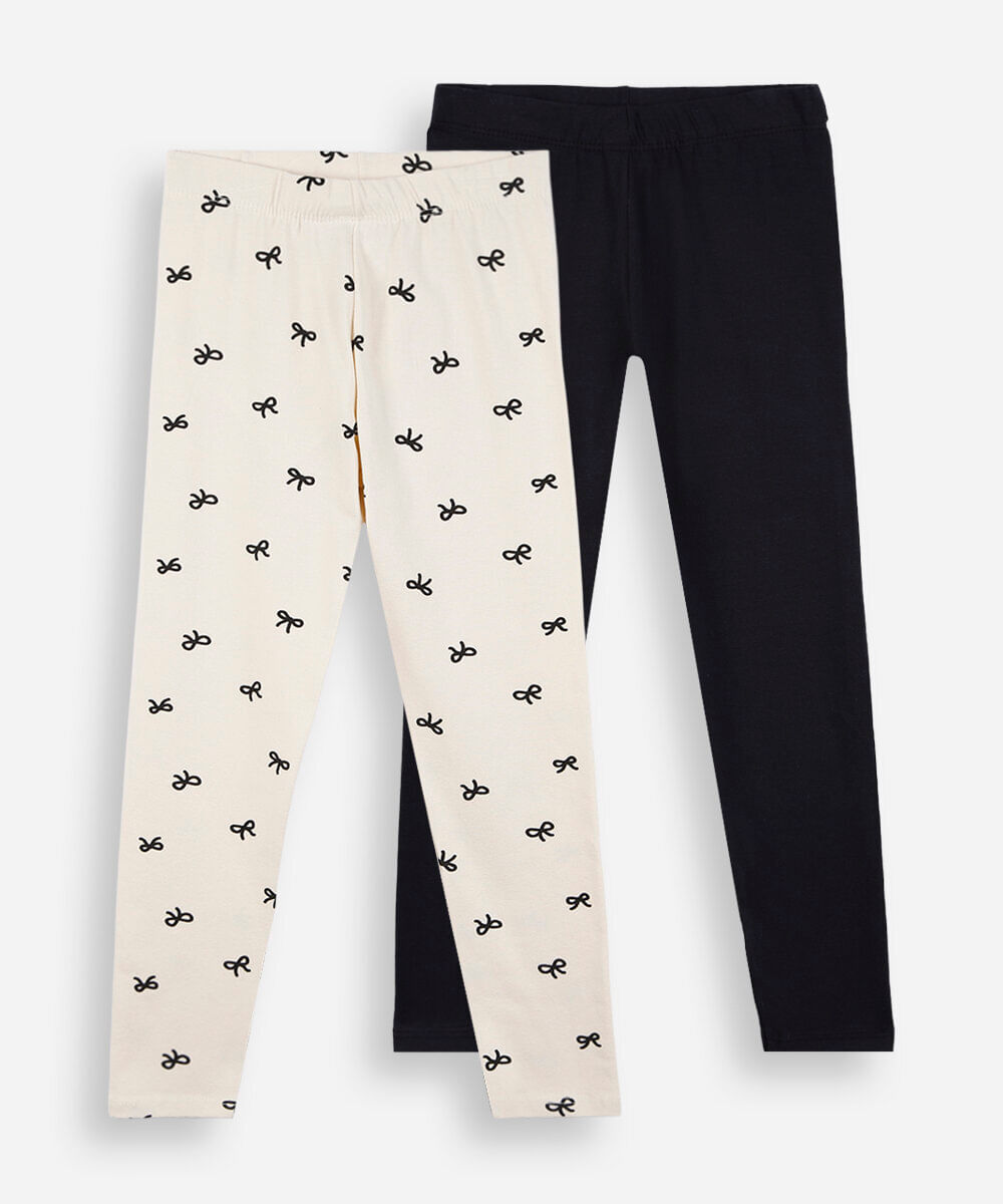 kit de 2 calças legging infantil de algodão laços colorido